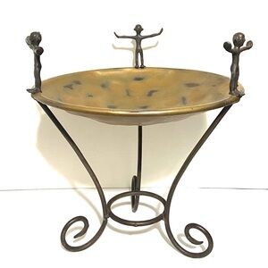 Brutalist style hammered metal centerpiece Bowl with 3 welded figurines in rim